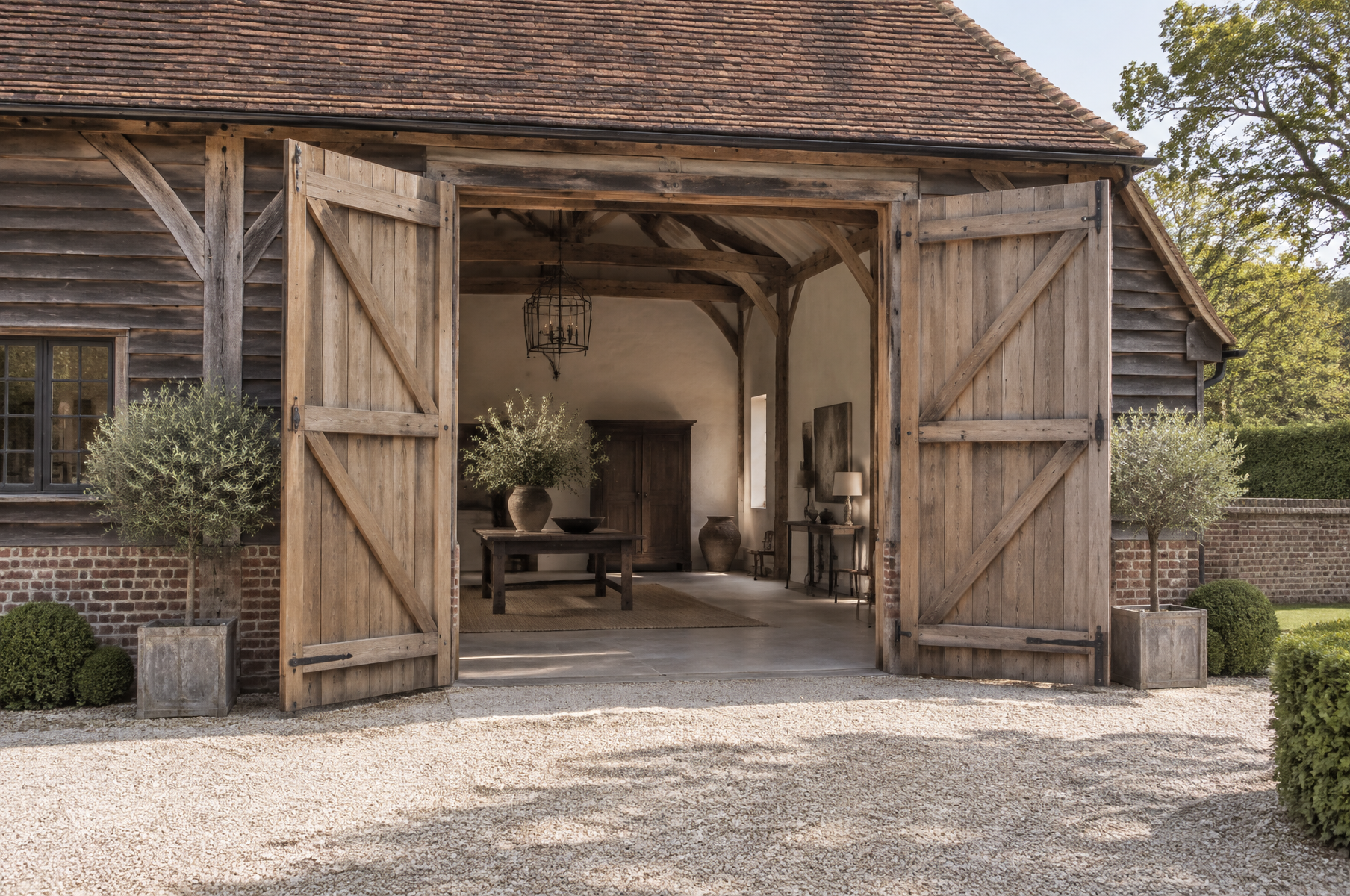 Timber-framed barn with large open oak doors in soft daylight