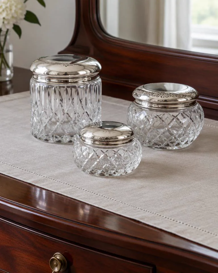 Edwardian silver-topped cut glass dressing table jars, set of three