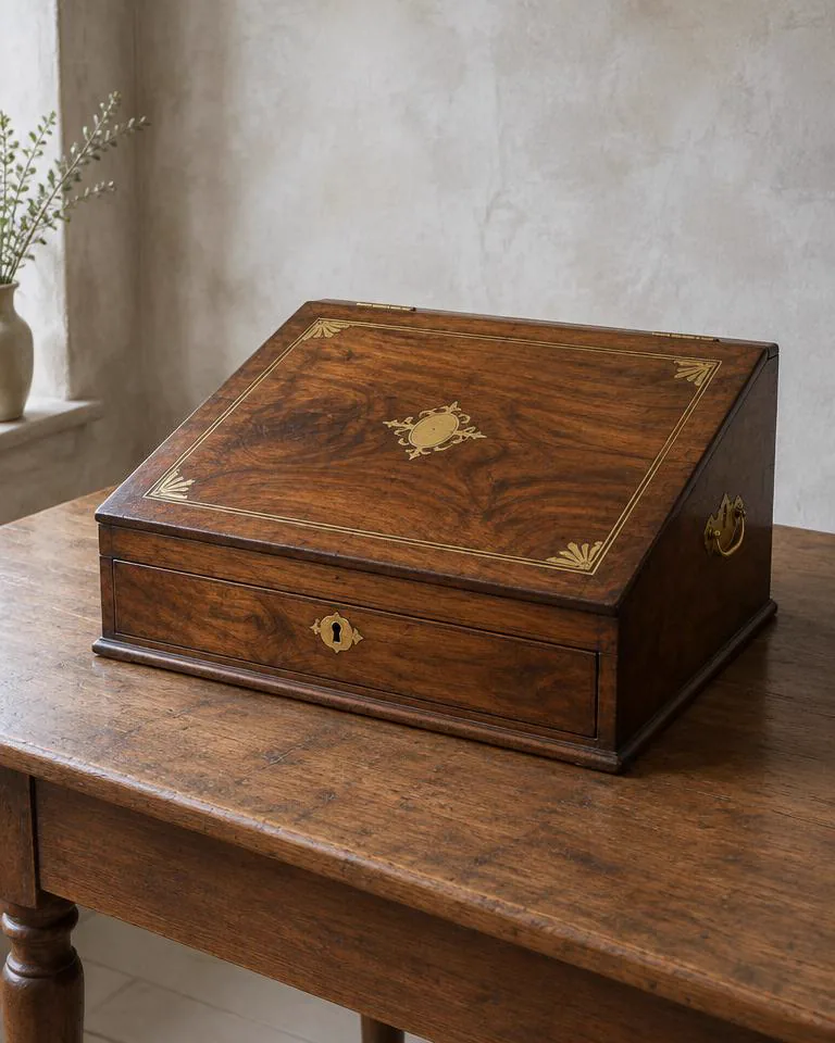 Victorian walnut writing slope with brass inlay